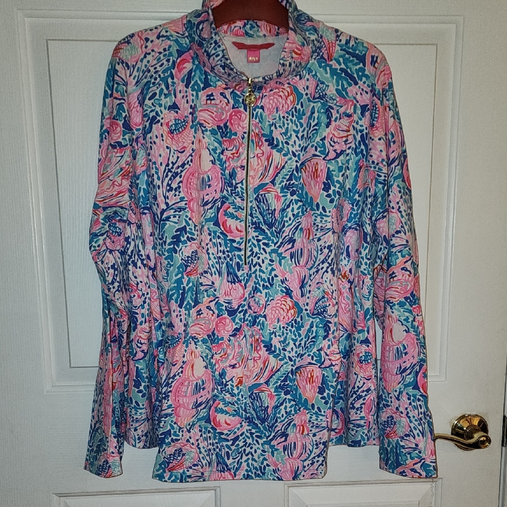 Lilly Pulitzer UPF 50+ Skipper Popover Vibrant Pink and Blue Quarter-Zip Top